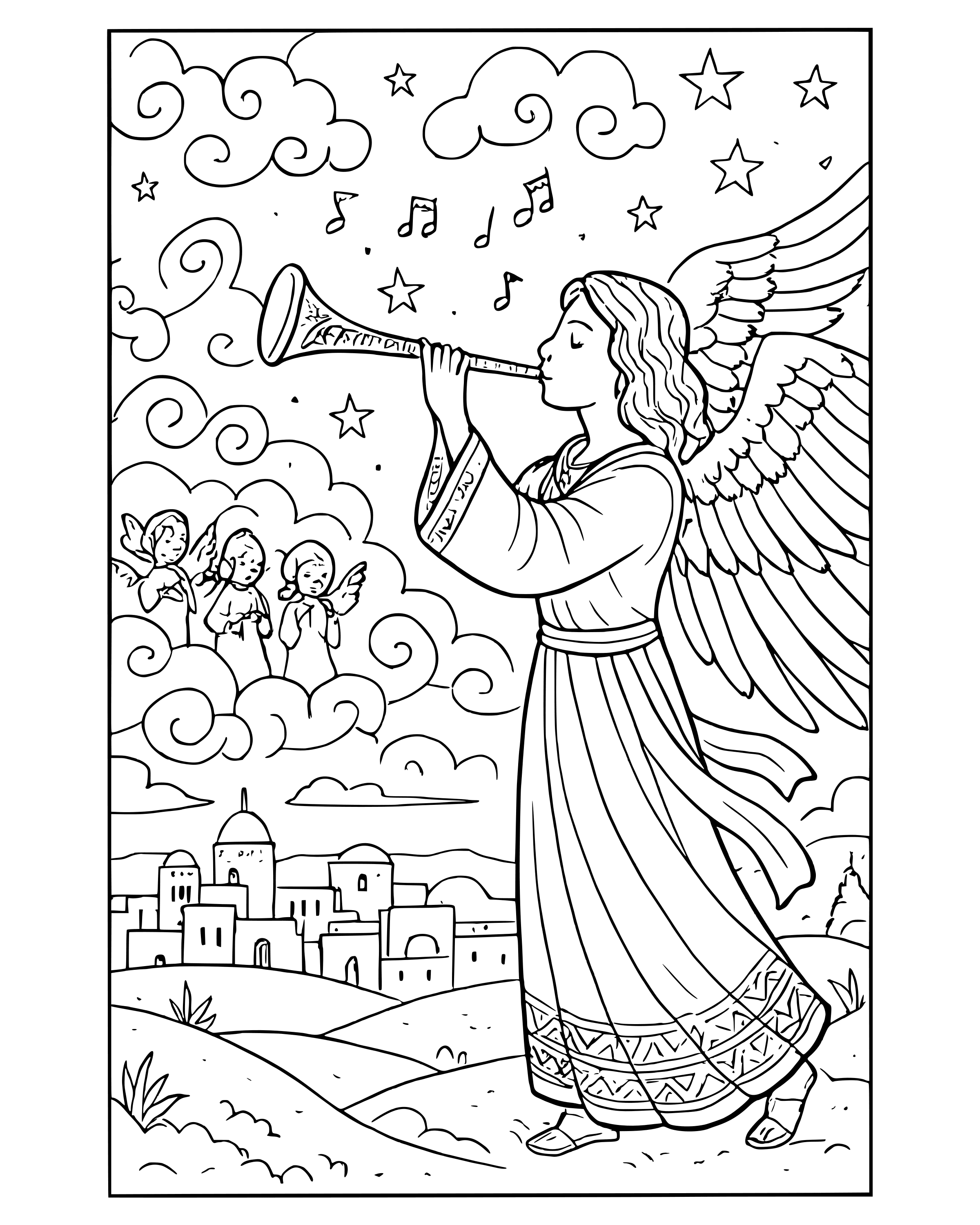 Detailed Christmas Angel with a Trumpet coloring page